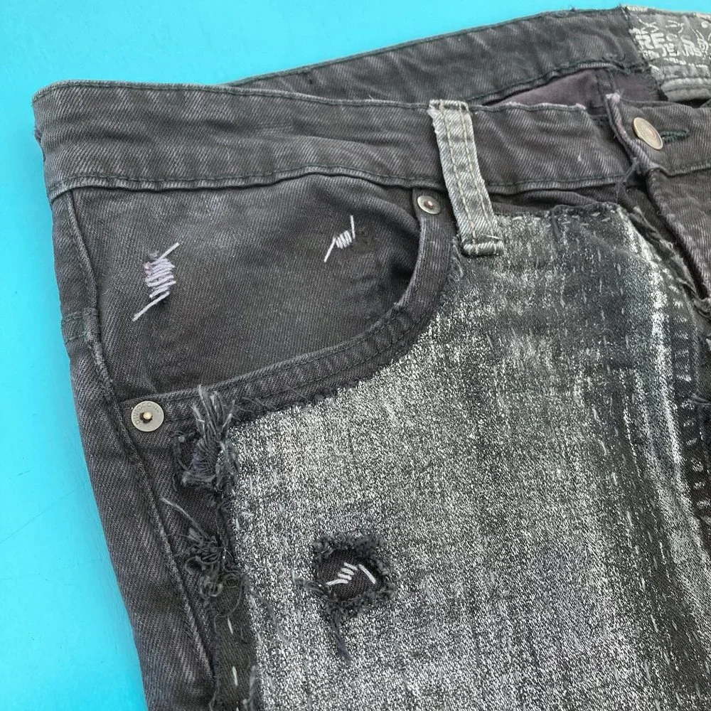 Black Rocker Jeans Acid Wash Metallic Silver Denim - Picture 8 of 16